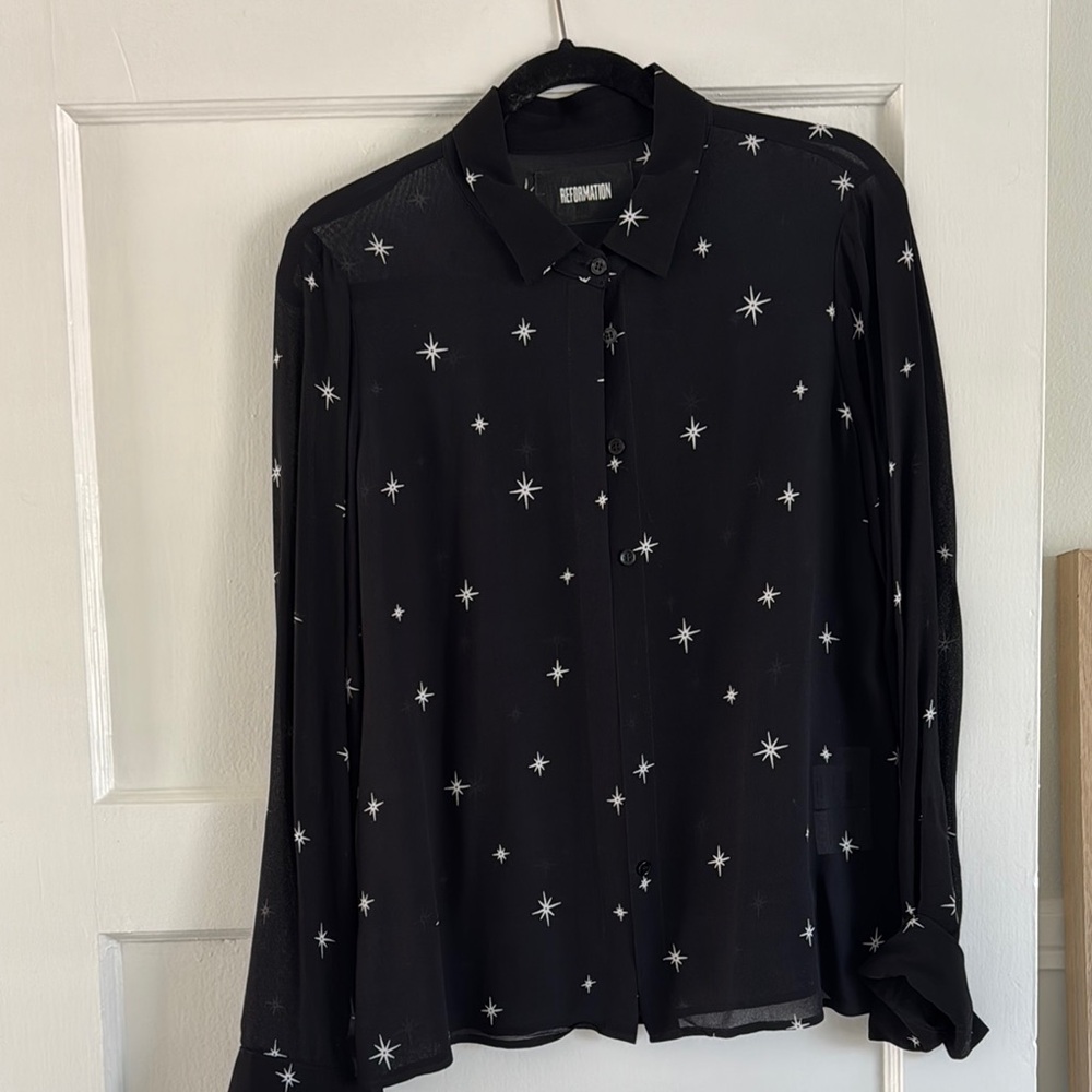 Reformation Black Button-Up Star Print Blouse
